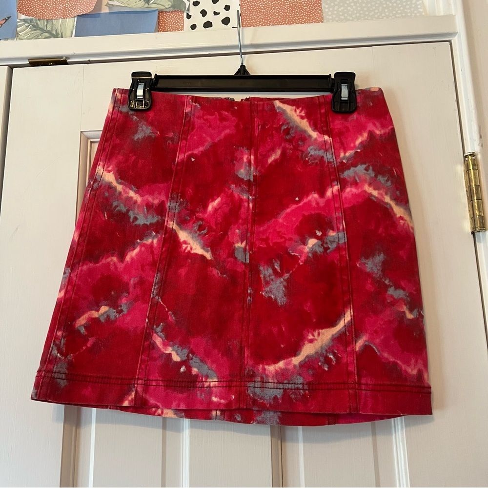 Free People Modern Femme Red Tie-Dye Denim Mini Skirt